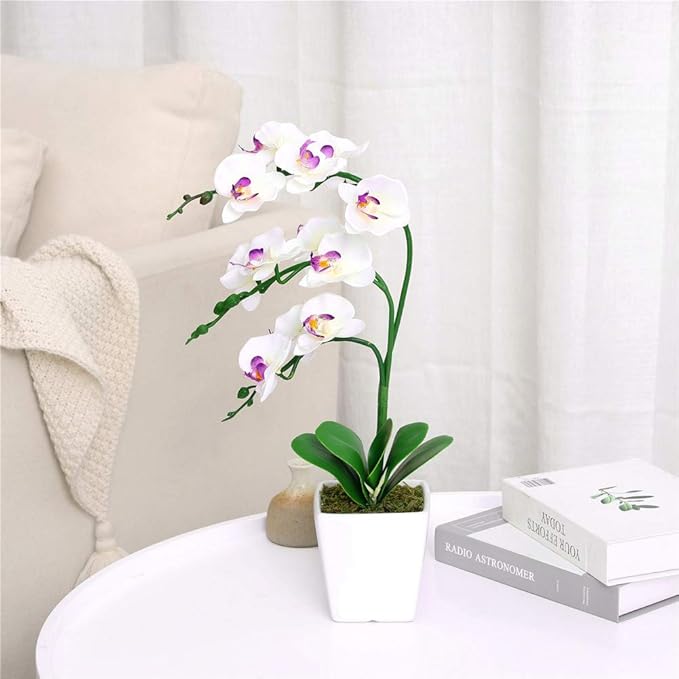 15" Tall Artificial Silk Phalaenopsis Orchid Flower Plant Pot Arrangements (White)