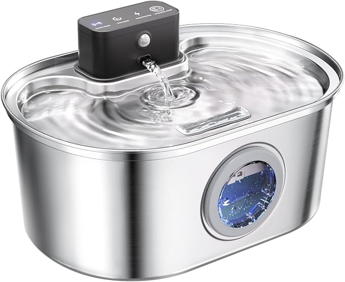 Wireless Cat Water Fountain Stainless Steel, Pet Drinking Fountain Cordless – 3.2L/108oz Battery Operated Automatic Water Dispenser for Cats Indoor, with Motion Sensor & Quiet Pump (1 Filter)