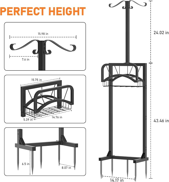 Garden Hose Holder for Outside, Upgraded Heavy Duty Freestanding Water Hose Holder Stand with 5 Spikes, Storage Basket & 2 Shepherd Hooks, Supports Up to 160 FT Hose for Yard Lawn