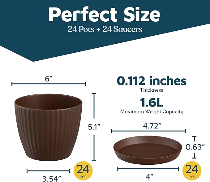 Brown 6-Inch Plant Pots with Drainage & Saucers 24 Pack, Indoor & Outdoor Planters for Houseplants, Herbs, and Flowers, Durable & Weatherproof Material, Stackable, Lightweight, Minimalist Design