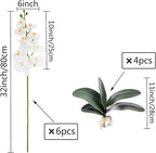 FagusHome 32" Artificial Phalaenopsis Flowers 6 Pcs with 4 Bundles Leaves Artificial Orchid Flowers Stem Plants for Home Décor (6Pcs)