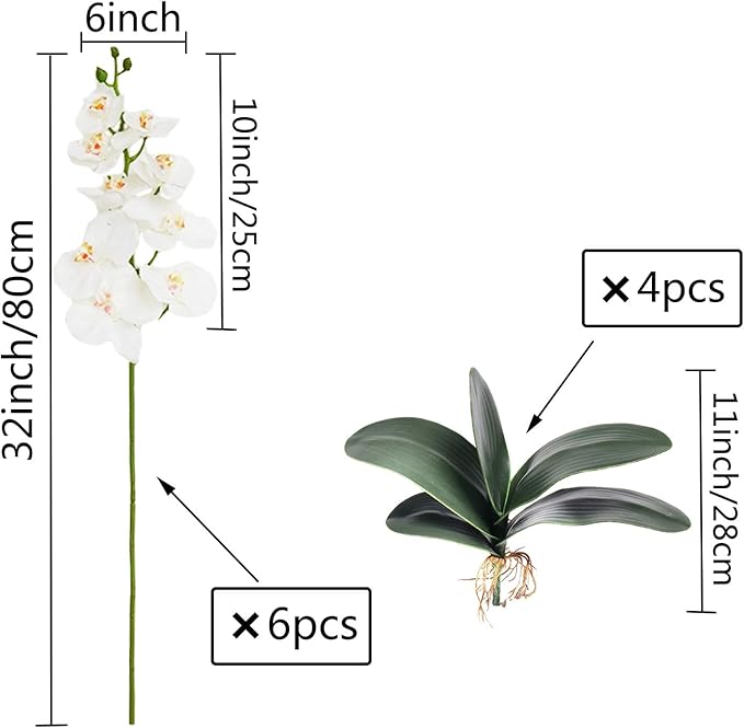 FagusHome 32" Artificial Phalaenopsis Flowers 6 Pcs with 4 Bundles Leaves Artificial Orchid Flowers Stem Plants for Home Décor (6Pcs)