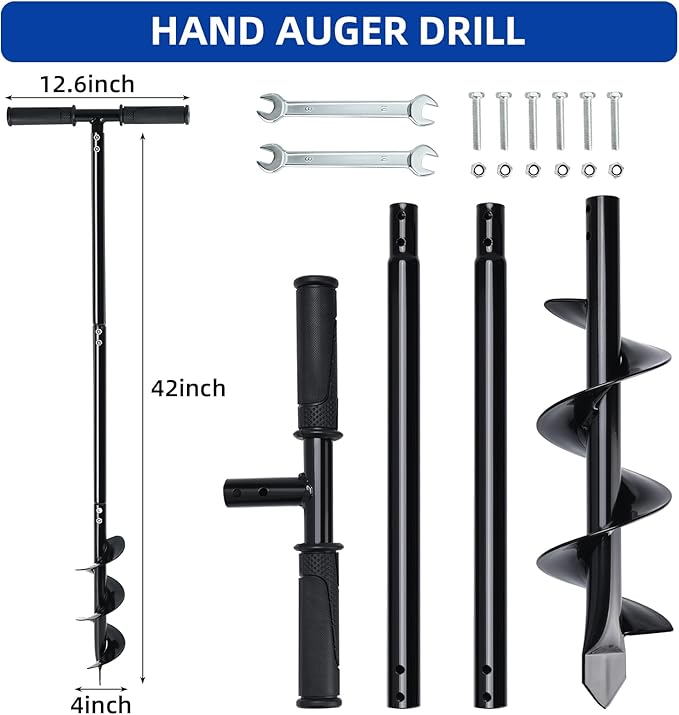 Heavy Duty Manual Garden Auger Drill 4" x 42" Post Hole Digger Hand Spiral Drill for Digging Planting Bulb Bedding