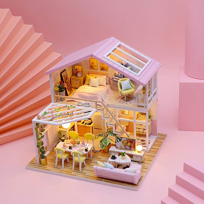 GuDoQi DIY Miniature Dollhouse Kit, Tiny House kit with Furniture and Music, Miniature House Kit 1:24 Scale, Great Handmade Gift for Birthday Christmas Day, Sweet Time House