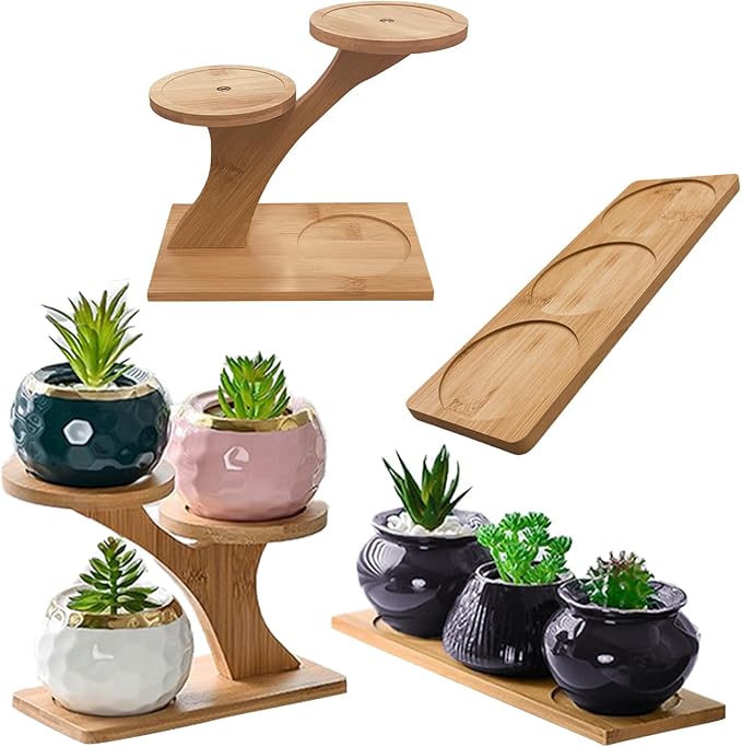 Bamboo Plant Stand Indoor 3 Tier Mini Succulent Window Shelf for Plants with Rectangular Bamboo Tray, Small Tabletop Flower Pot Holder for Home Office Windowsill Patio Garden Balcony.