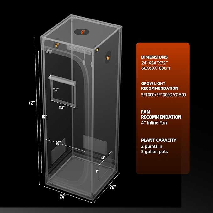 Spider Farmer 2x2x6 Grow Tent 2025 New, 24"x24"x72", with Hook for Controller, View Window, Side Buckle for Door, 1680D Thicken Mylar Canvas for Indoor Hydroponic Growing for SF1000, SE1500, G1500