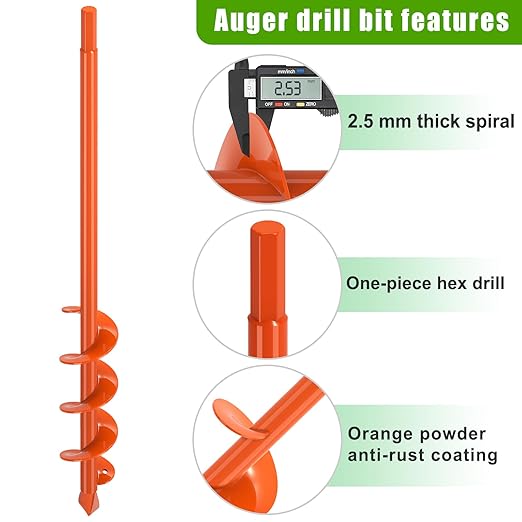Insaga 1.6" x 16" Auger Drill Bit for Planting, 2.5mm Thick Spiral Earth Drill Garden Auger for Post Hole Digger, Solid Steel Bright Orange Powder Coated, Fit 3/8'' Hex Drive for Bulb Flower Garden