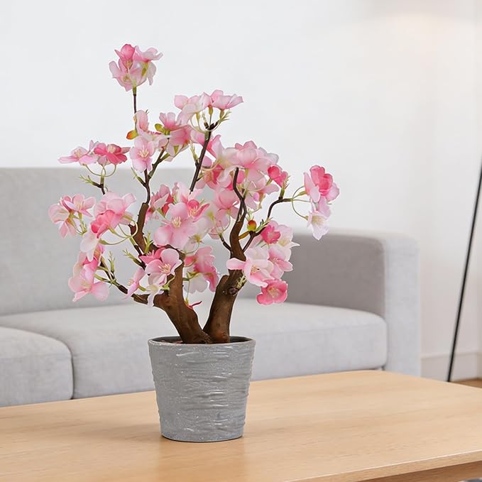 TOARTi Artificial Pink Cherry Blossom Potted Plant with Pot, 9.8" Tall Fake Flowers Faux Plant Desk Decor, Realistic Decorative Plants Indoor Decor for for Home Bedroom Bathroom Office Desk