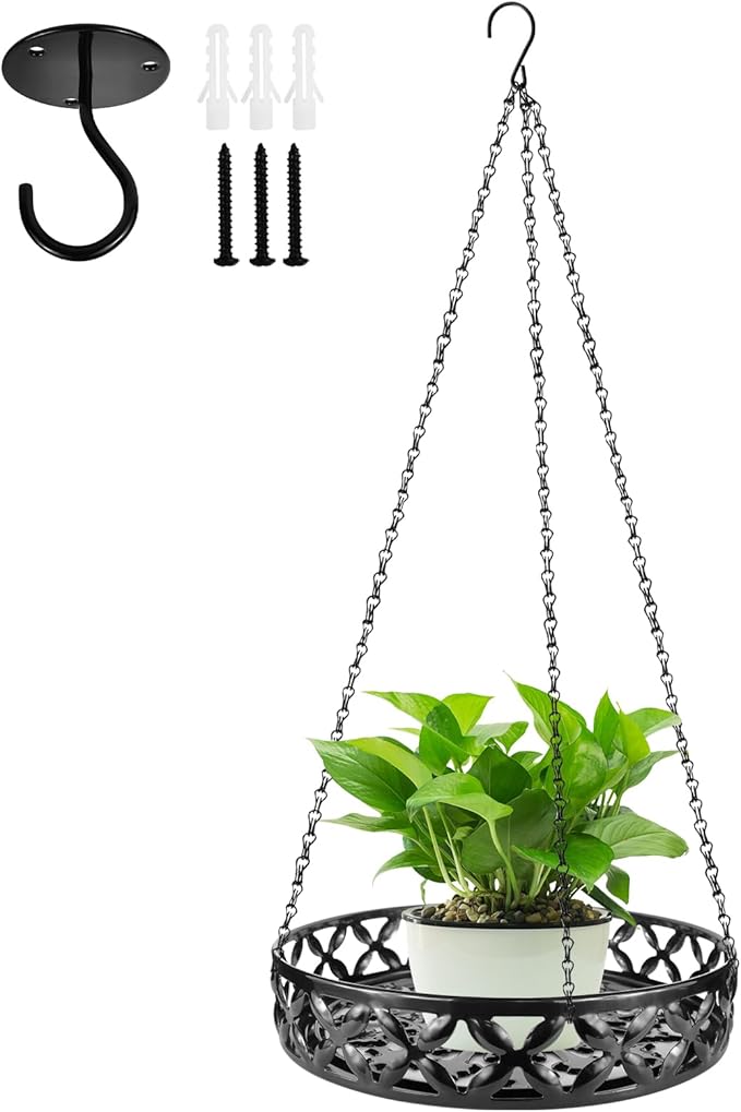 Plant Hanger, Metal Hanging Plant Shelf Decorative Planter Flower Pots Holder with Chain for Indoor Outdoor, Modern Plant Hanging Basket for Balcony Porch Garden Home Decor, Black