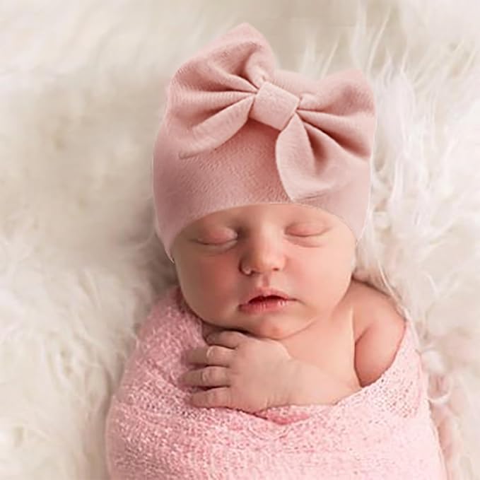 BQUBO Newborn Baby Girls Hats Mittens Set Hospital Hat Beanie Infant Bow Hats Baby Cotton Gloves for 0-6 Months