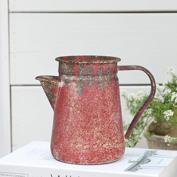 Vintage Pitcher Vase Rustic Farmhouse Vase for Flowers Vintage Metal Milk Jug Small Decorative Pitcher Shabby Chic Decor for Home, Kitchen, Bathroom, Red