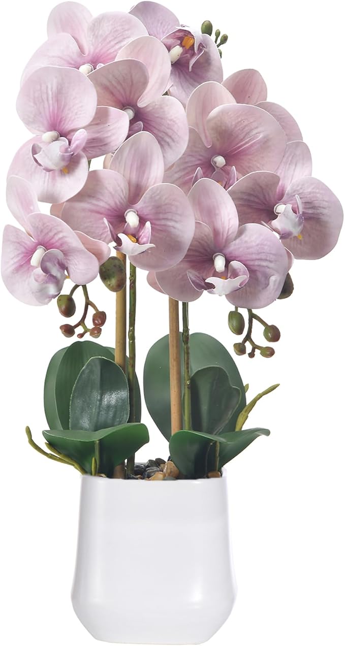Orchids Artificial Plant in Ceramic Pot 18.5" Faux Orchid Phalaenopsis Flowers Arrangement for Home Office Table Centerpiece Indoor Decor, Light Purple