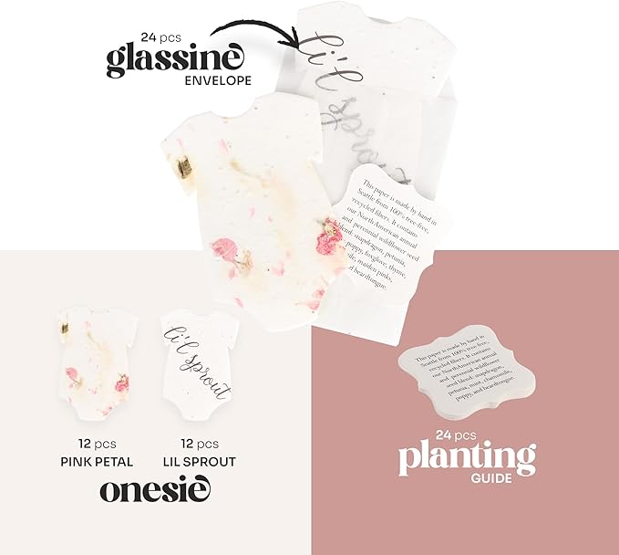 Set of 24 Onesie Seed Paper – Writable & Plantable Wildflower with Envelopes & Planting Guides, Mom's Gift for Mother’s Day, Use for Wedding, Baby Shower, Party Favors & Easter Decorations