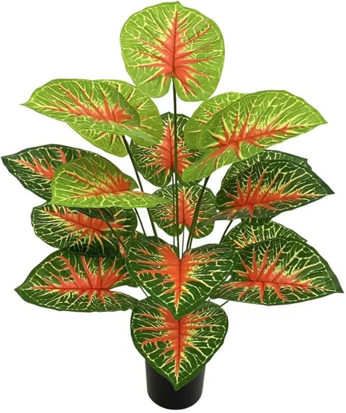 Artificial Caladium Plant with Red and Green Leaves, Red Leaf Artificial Plants Decoration Simulated Bonsai Potted Decor Home Room Party Wedding Office Floor(RedGreen(No Flowerpot), 75cm)