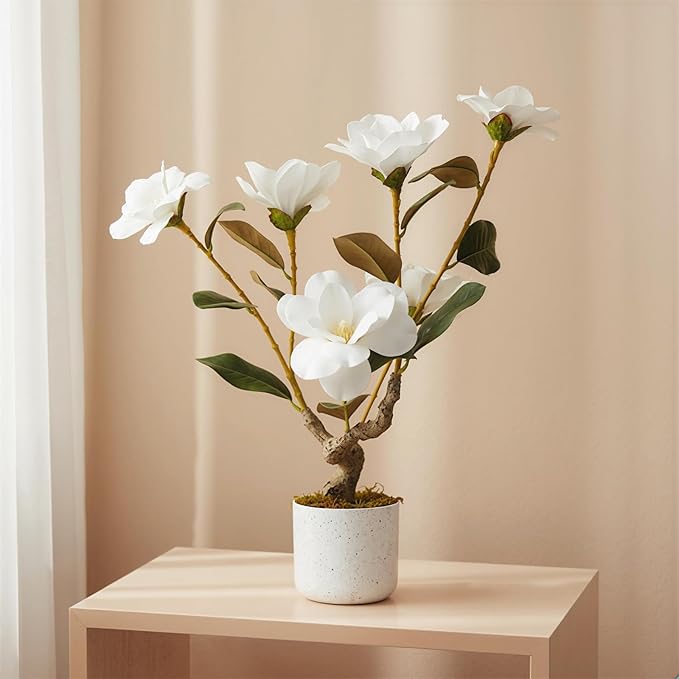 Garvee Artificial Magnolia Tree for Home Living Room Decor, Artificial Realistic Flowers with White Blooming, Fake Plant in Pot