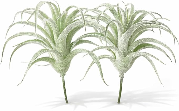 2 Pack Artificial Air Plants, Realistic Looking Faux Tillandsia Succulents for Home Decor, Indoor Outdoor Garden, Terrarium, Office Desk, Wedding Displays (Flocking)