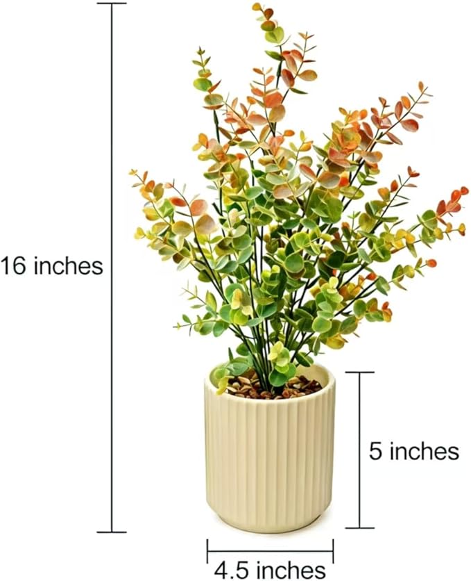 16.5" Artificial Eucalyptus Plant in Beige Ribbed Ceramic Pot Autumn Green and Orange Faux Potted Plant for Home Office Living Room Shelf Table Decor No Watering Needed