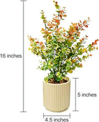 16.5" Artificial Eucalyptus Plant in Beige Ribbed Ceramic Pot Autumn Green and Orange Faux Potted Plant for Home Office Living Room Shelf Table Decor No Watering Needed