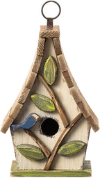 Glitzhome Bird Houses for Outside, 9.5" H Hanging Bird House Distressed Solid Wood Decorative Garden Birdhouse for Outdoors with Natural Wood Pallet Roof and 3D Tree,Washed White
