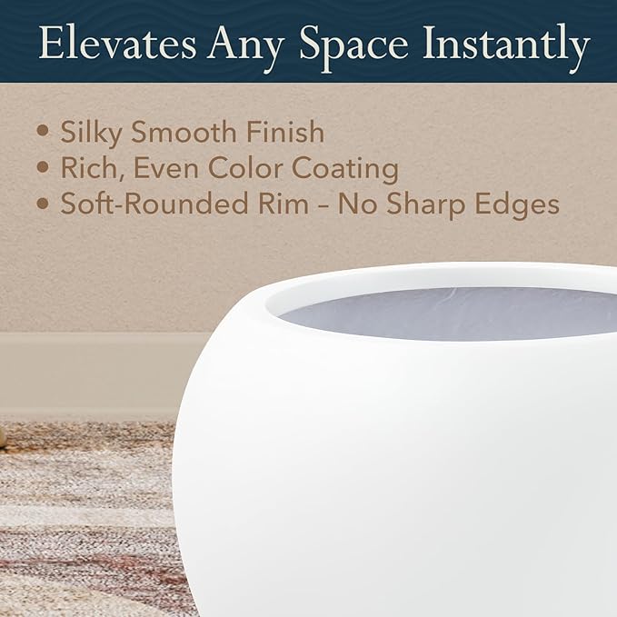 9.7" H x 12" D Premium Globo Fiberstone Round Planter with Drainage Hole, Smooth Finishes, Weather Resistant for Indoor and Outdoor Use, Included 2 Extra Coco Mats (White, 7.8" Pot Opening)