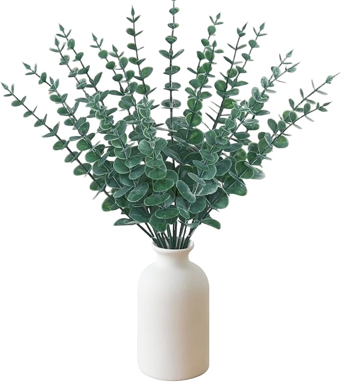 16" Artificial Eucalyptus Stems Potted Plant - Realistic Small Fake Desk Plants for Office Home Decor, Faux Plants in Frosted Ceramic Vase for Indoor Spaces, Wedding Centerpieces Table Decor（20 pcs）