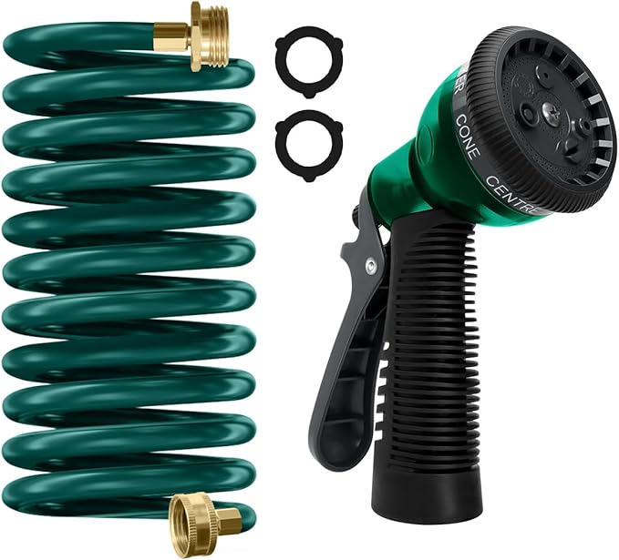 Coil Hose 10FT EVA Coil Garden Hose With 3/4'' Brass Connector Coiled Water Hose Lightweight And No Kink Includes 7 Patterns Spray Nozzle For Outdoors Lawn Watering Car Washing