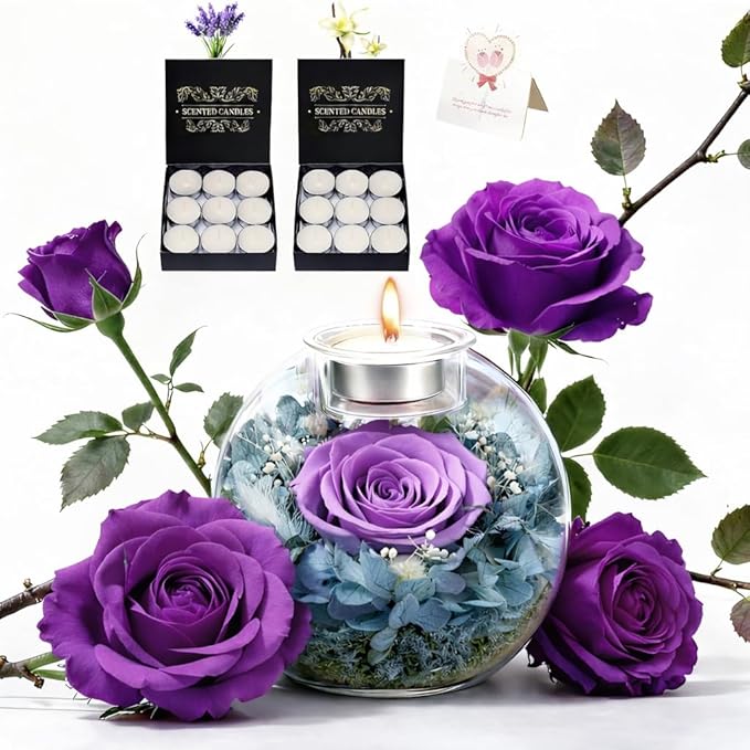 Preserved Real Rose in Glass with Scented Candles for Mom Her Wife Girlfriend Grandma Birthday Anniversary Romantic