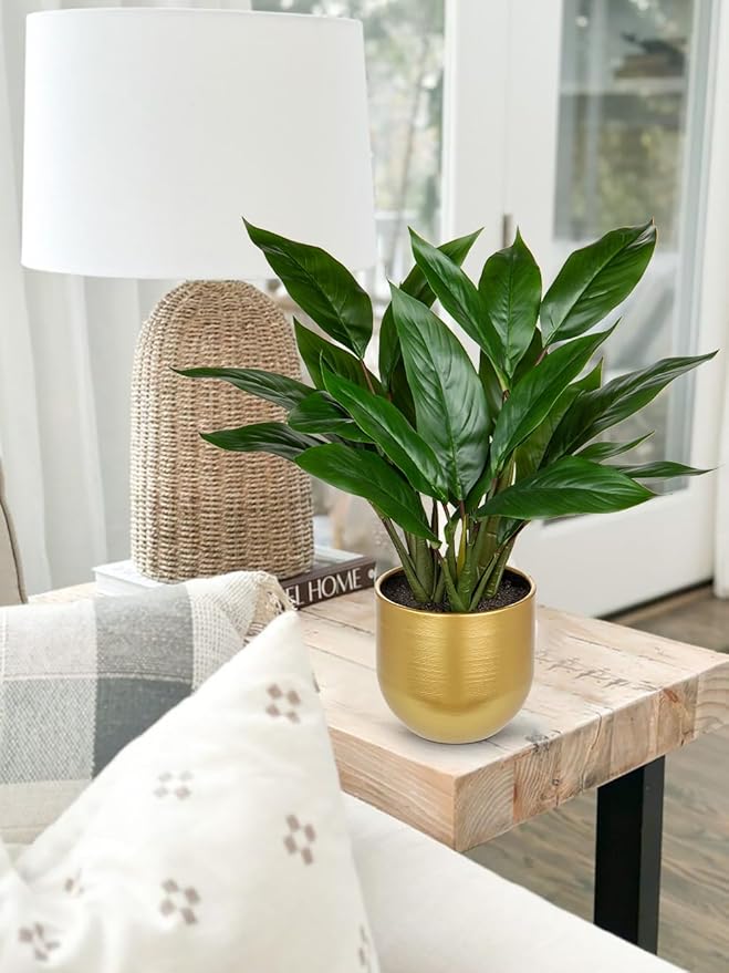 GnFlus Fake Plants 17'' Faux Plants Artificial Potted Plants Indoor Realistic Fake Cast Iron Plant Artificial Plants with Gold Pot for Home Office Farmhouse Kitchen Bathroom Table Shelf Decor