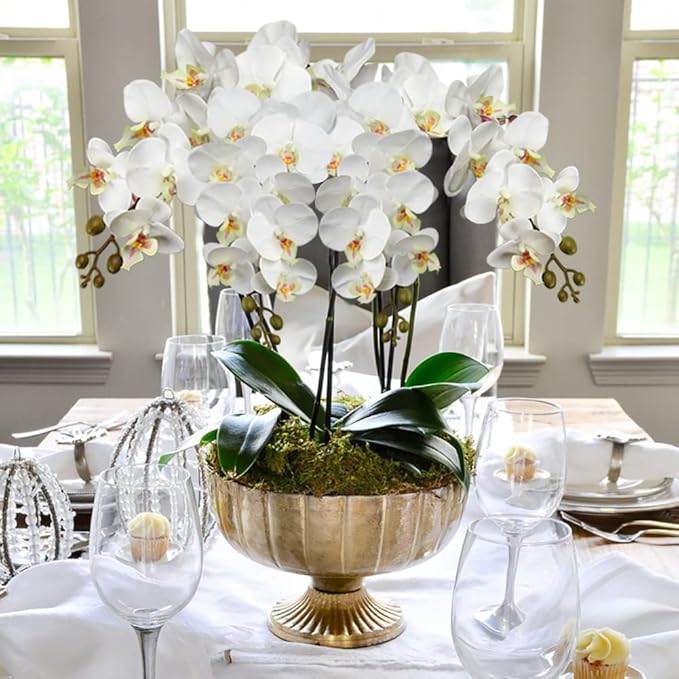 DILATATA Blooming Phalaenopsis Orchid Artificial 31.5" Long Stem with 9 Large Orchids Flowers Artificial Flowers for Decoration Home Arrangement-White Green Orchid 2 Pcs