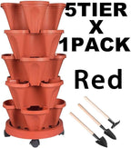 GameXcel Vertical Planter Tower - 5 Tier Stackable Garden Planters with Wheels and Tools Plant Pots for Strawberry Herb Flower and Vegetable Indoor Outdoor Use Red