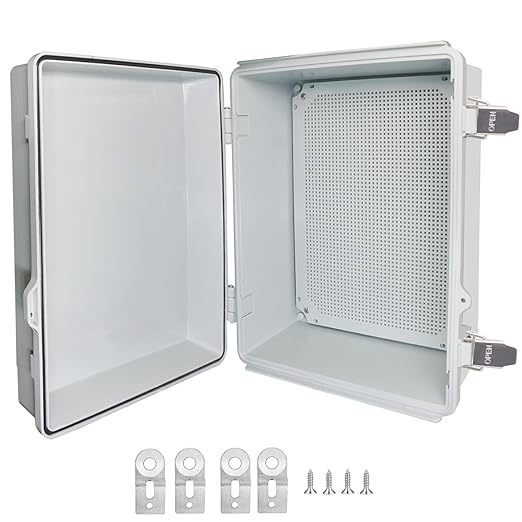 Waterproof Junction Box, ABS Plastic Electrical Box with Stainless Steel Latch, Hinged Cover Electric Project Enclosure Box with Mounting Plate, Wall Brackets 15.7"x11.8"x7.1