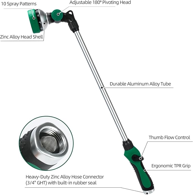 Watering Wand for Garden Hose, 24 Inch, Heavy Duty, 10 Spray Patterns, Thumb Control Hose Nozzle with 180° Pivoting Head, Ideal for Hanging Baskets, Plants and Shrubs