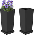 Metal Tall Planters 20 inch Set of 2, Durable Taper Planter with Drainage Holes & Rust-Proof Coating & Trays for Outdoor Indoor Garden Patio Front Door (Black)