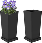 Metal Tall Planters 20 inch Set of 2, Durable Taper Planter with Drainage Holes & Rust-Proof Coating & Trays for Outdoor Indoor Garden Patio Front Door (Black)