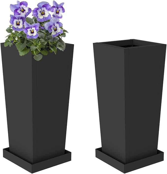 Metal Tall Planters 20 inch Set of 2, Durable Taper Planter with Drainage Holes & Rust-Proof Coating & Trays for Outdoor Indoor Garden Patio Front Door (Black)
