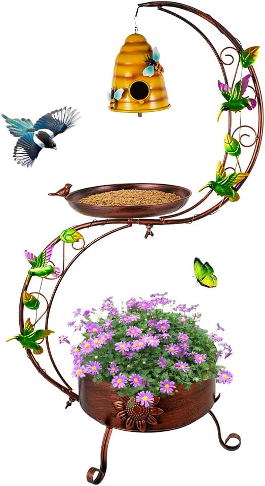 DREAMSOUL Bird Bath with Flower Planter, Vintage Copper Birdbath with Bird House, Metal Bird Bath for Outside Garden Yard