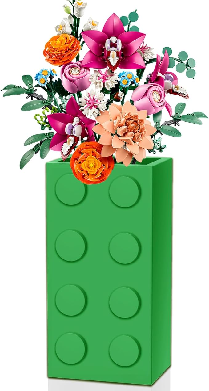 Vase for Lego 10347 10280 10328 Flowers, for Lego Flower Bouquet Building Set,Display Stand for LegoRoses Cherry Blossom Sunflower Tulips Daffodils Lotus-Gift for Lego Flowers Lover(vase only)-Green