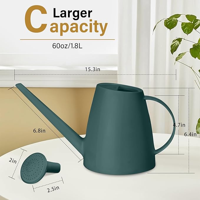 Pro Grip Plastic Watering Can - for Indoor and Outdoor House Plant Garden - with Long Spout - 1/2 Gallon - Blackish Green