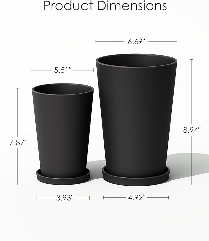 Bamworld Plant Pots Planters for Indoor Plants Flower Pots with Drainage Holes 5.5/6.5 Inch Set of 2 Plastic Planters for Outdoor Plants Garden Pots for Office Room Home Decor Black