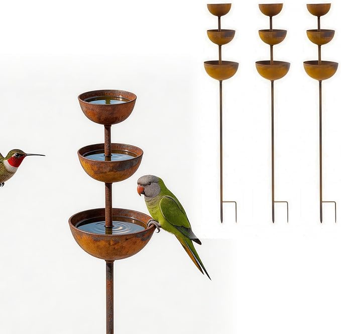 Metal Rainwater Collector Garden Stake, Outdoor Garden Plant Support | 2026 Model New Three-Tier Bird Bath and Butterflies & Bees Watering Station, Garden Decorative Ornament, 26.7 inches 3pcs