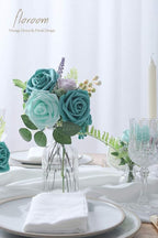 Floroom Artificial Flowers 25pcs Real Looking Robin's Egg Blue Foam Fake Roses with Stems for DIY Wedding Bouquets Baby Shower Centerpieces Floral Arrangements Party Tables Home Decorations