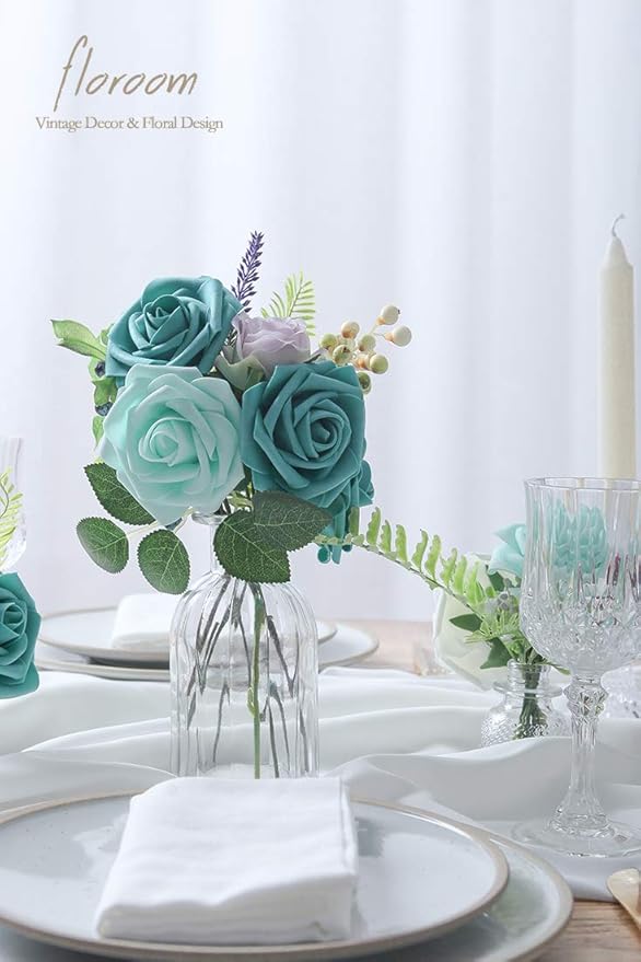 Floroom Artificial Flowers 25pcs Real Looking Robin's Egg Blue Foam Fake Roses with Stems for DIY Wedding Bouquets Baby Shower Centerpieces Floral Arrangements Party Tables Home Decorations
