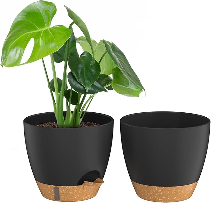 ZMTECH 10 Inch Plant Pots Set of 2 Planters for Indoor Plants Self Watering Pots Flower Pots with Drainage Holes and Saucer for Outdoor Plants(Black with Brown)