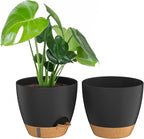 ZMTECH 10 Inch Plant Pots Set of 2 Planters for Indoor Plants Self Watering Pots Flower Pots with Drainage Holes and Saucer for Outdoor Plants(Black with Brown)