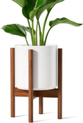 LE TAUCI 12 Inch Planter with Acacia Wood Stand, Large Ceramic Indoor Plant Pot with Drainage Hole & Plug, Mid Century Modern Plant Holder for Fiddle Leaf Fig, Monstera, Snake Plant, White