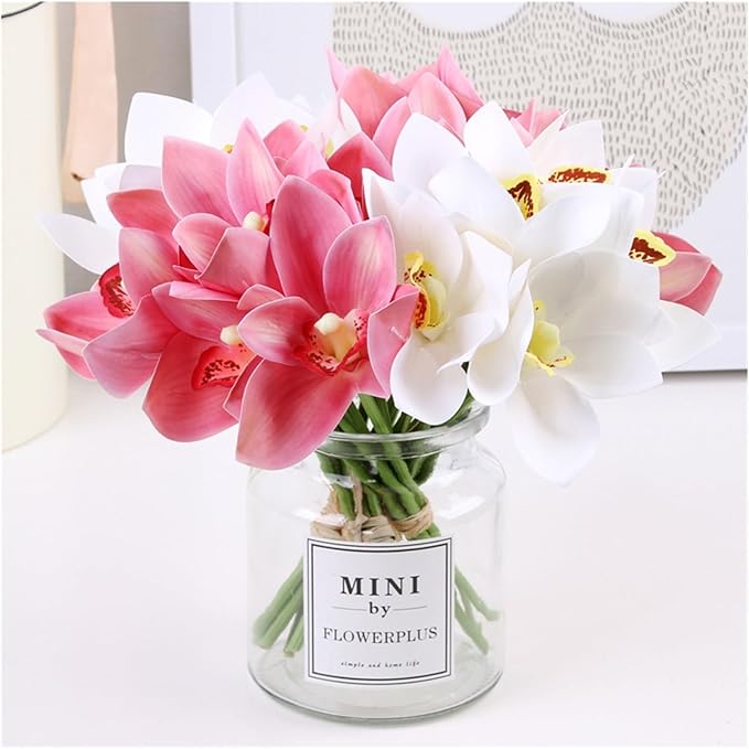 2 Bunches of Simulated Hand-Feel Cymbidium Orchid Small Bunches of 6 Tied Hand-Tied Flowers for Home Living Room Dining Table Decoration Artificial Flowers (Orange)