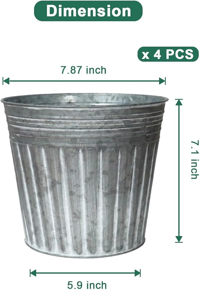 vensovo 8 Inches Silver Metal Rustic Plant Pots - 4 Pcs Large Galvanized Planters with Drain Hole and Rubber Plug, Rustproof Tin Bucket Flowerpot for Indoor Plants Farmhouse Vintage Style for Decor