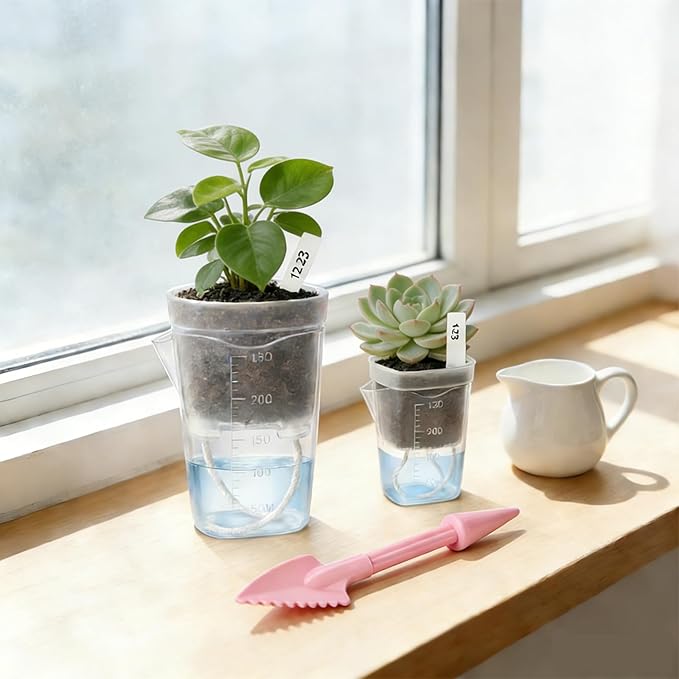 12 Pack 2.5"/2" Mini Clear Self Watering Pots for Indoor Plants with 2 pcs Transplanting Tool, Small Plastic Propagation Pots for Plants, Water Level Indicator,Drainage Hole,12 Plant Labels