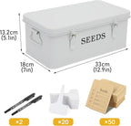 Seed Storage Organizer, 4 Compartment Seed Storage Box with Safety Lock, Metal Seed Box Container with 2 Pens, 20 Plant Labels and 50 Seed Envelopes for Seed Packet & Small Garden Tool, White