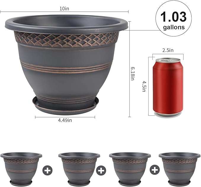 Usocik 10 Inch 4 Pack Plant Pots, Plastic Flower Pot for Indoor & Outdoor with Drainage Holes & Saucer, Plaid Pattern Planters Garden Pots for Herbs